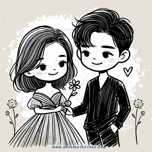 a young man and woman with flowers