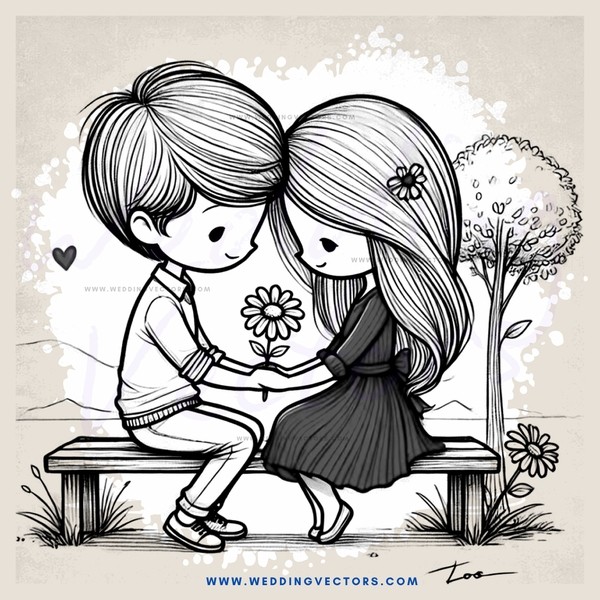 a boy and girl sitting on a bench holding flowers