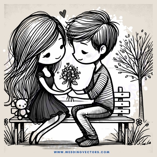 lovers on bench with bear and flowers