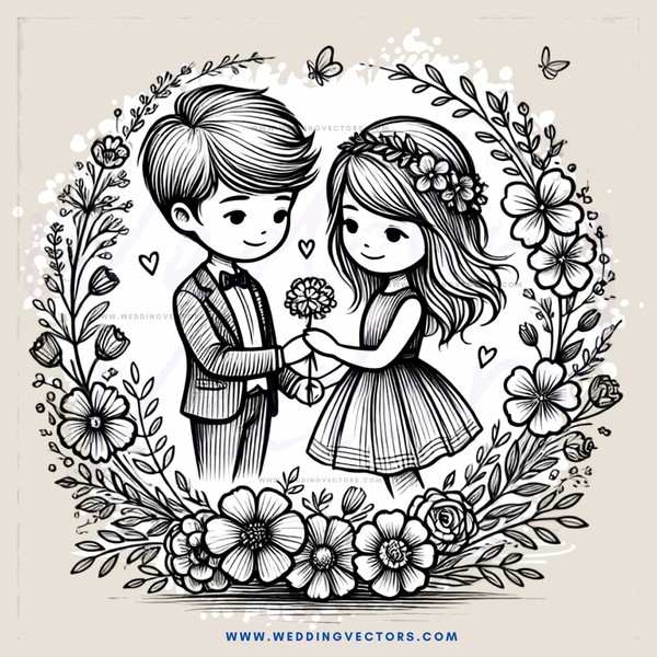 a couple in nature with flowers and leaves surrounding them