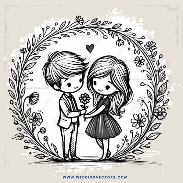 a boy and girl embracing in a wreath of flowers