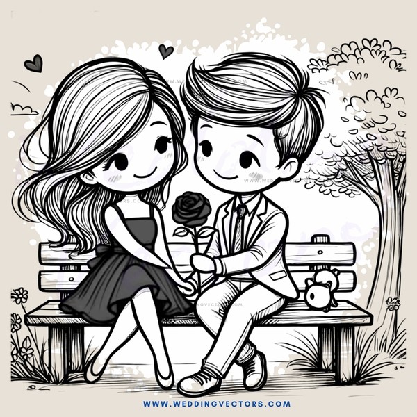 romantic cartoon couple on bench