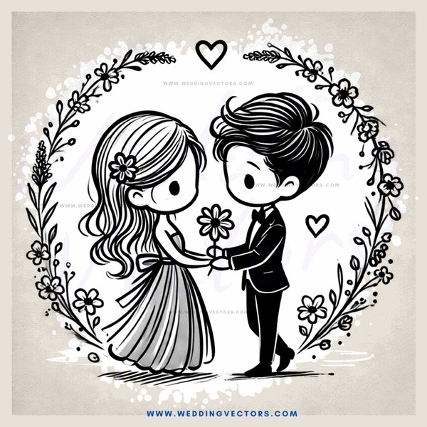 a romantic couple in black and white illustration