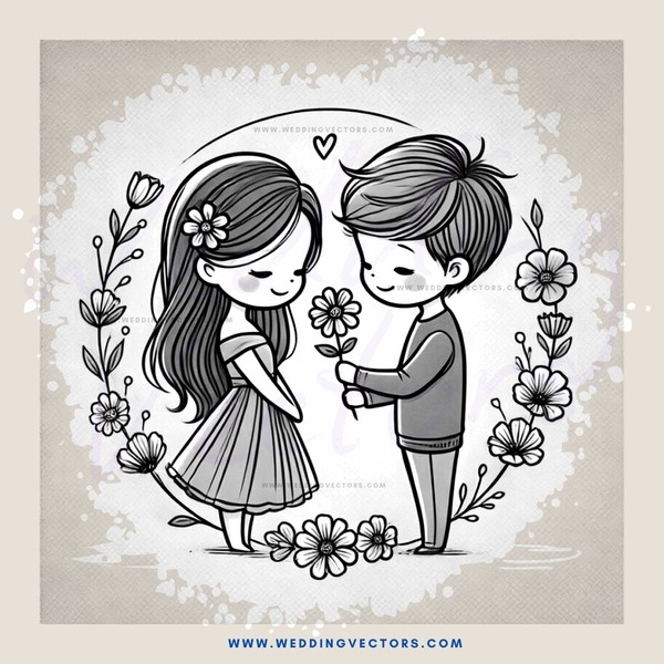 two kids holding flowers in cartoon picture