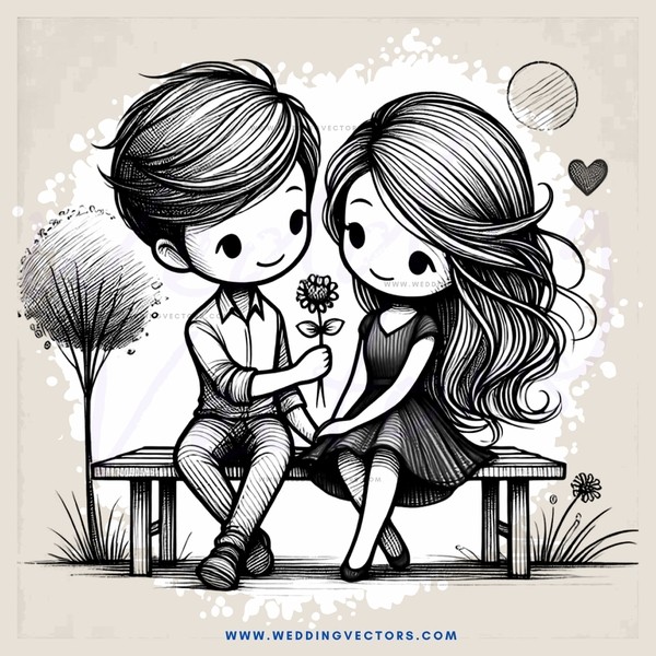 a boy and girl on a bench holding a flower