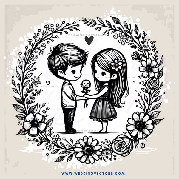 lovebirds embracing with flowers and hearts