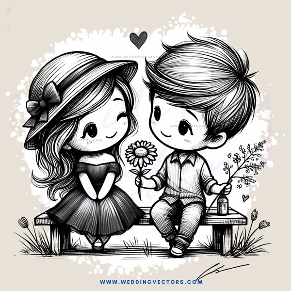 lovers on a bench holding flowers and butterflies