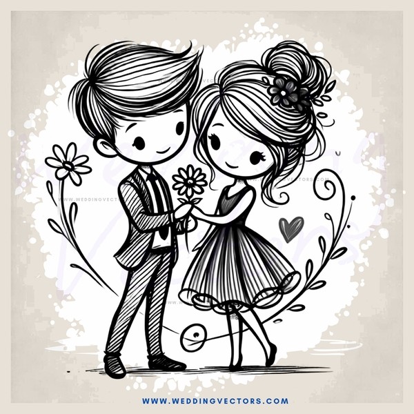 a couple holding flowers and an arrow pointing to one