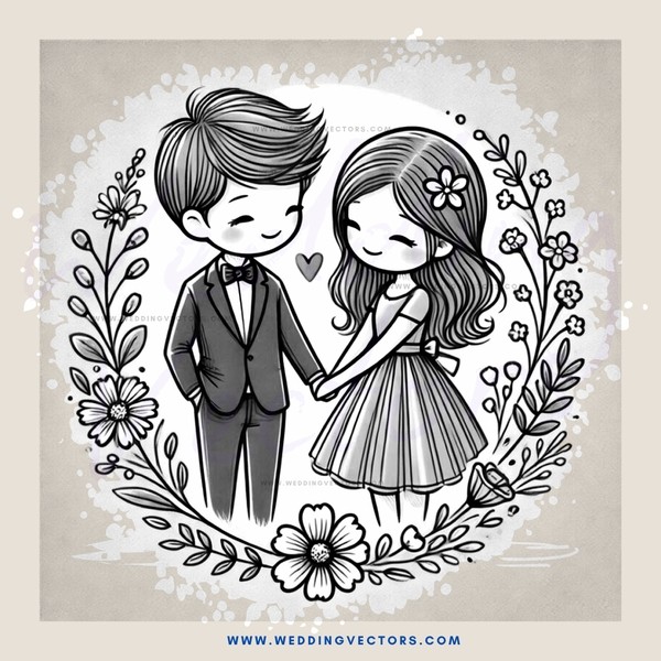 cartoon boy and girl holding hands in flower bouquet