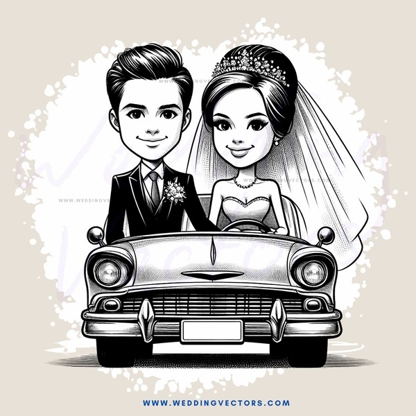 a bride and groom in car