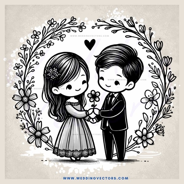 a boy and girl holding flowers under an arch