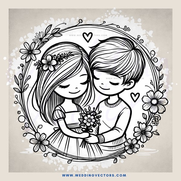 a boy and girl holding flowers and love hearts