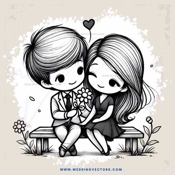 a couple sitting on a bench with flowers and hearts