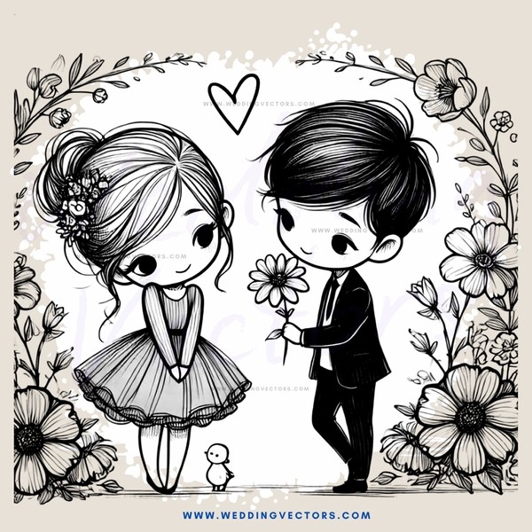 a boy and girl holding flowers and posing for a picture with an ornate background