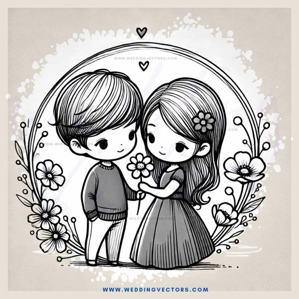 a boy and girl holding hands, flowers in their laps