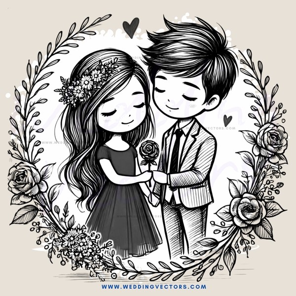 lovers in black and white portrait with flowers