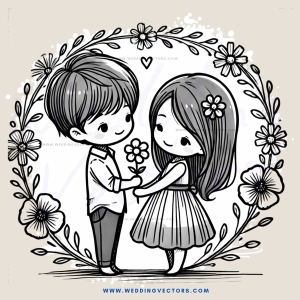 couple holding flowers and leaning against a floral border