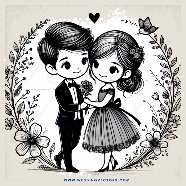 a couple embracing with flowers and leaves in their background