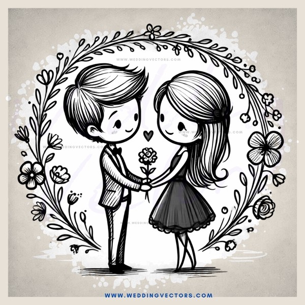 a couple in a wreath with flowers and hearts