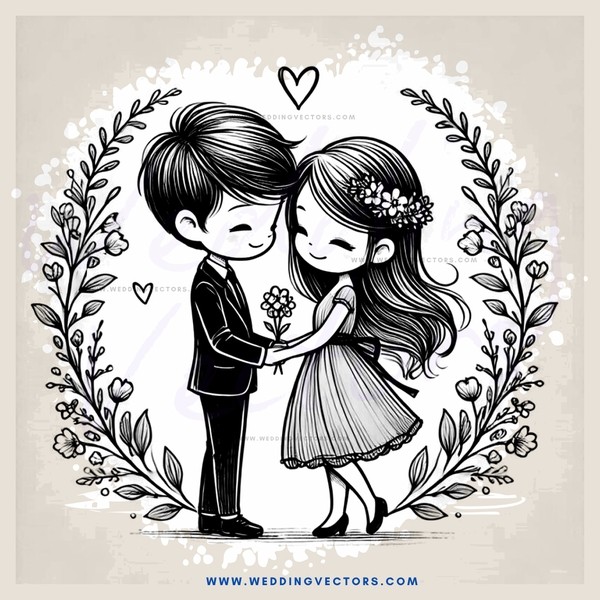 a boy and girl hugging with flowers on their heads
