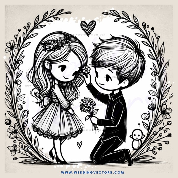 a boy and girl with flowers and leaves on them