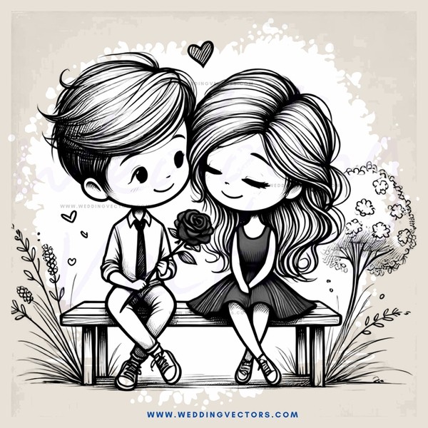 a romantic scene featuring two people on a bench