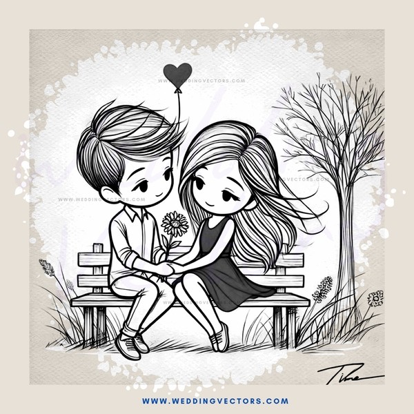 boy and girl sitting on a bench with an heart in between them