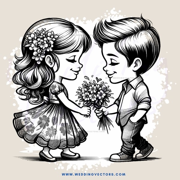 a boy and girl shaking hands with flowers