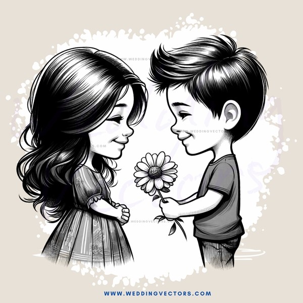 two kids holding flowers and smiling at each other