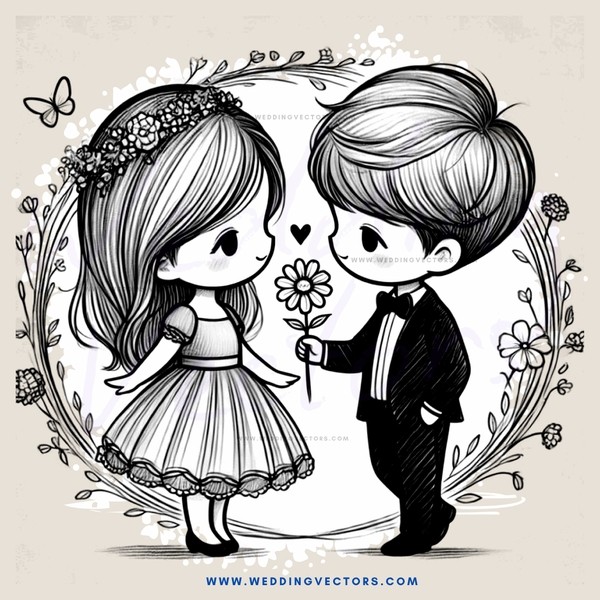 a boy and girl standing together with flowers