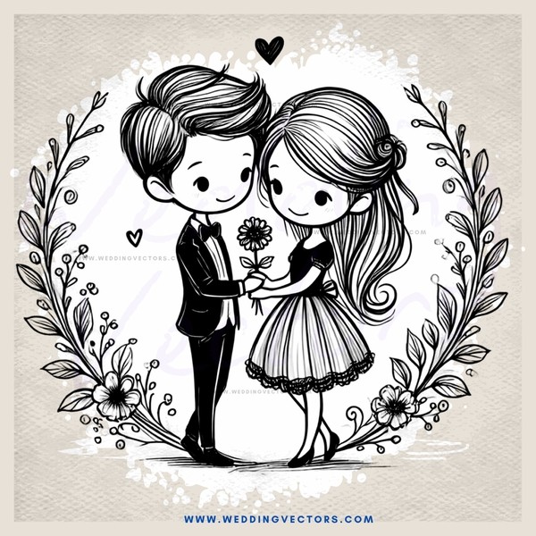 couple embracing with flowers and dresses in black and white illustration