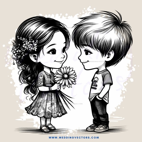 a girl and boy posing with flowers and dandelions
