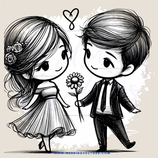 boy and girl on ground with flower and heart