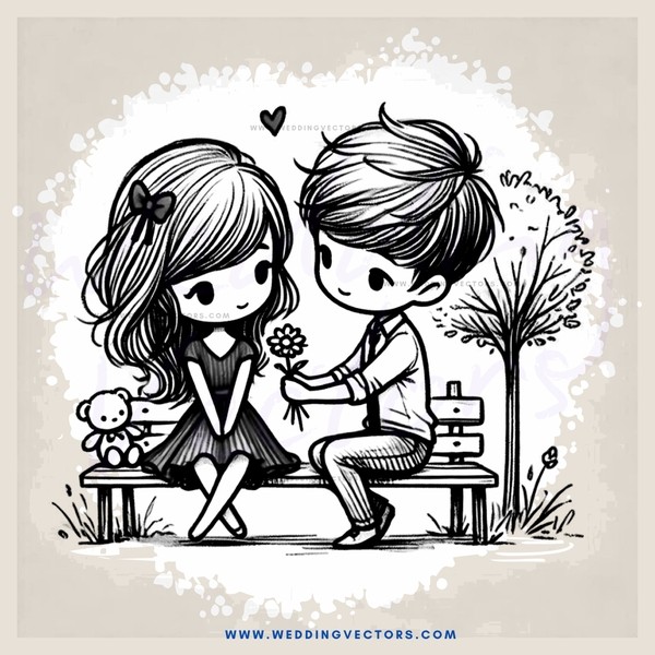 lovers on bench in cartoon drawing