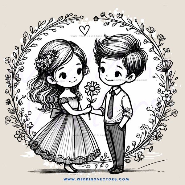 a girl and boy sharing flowers