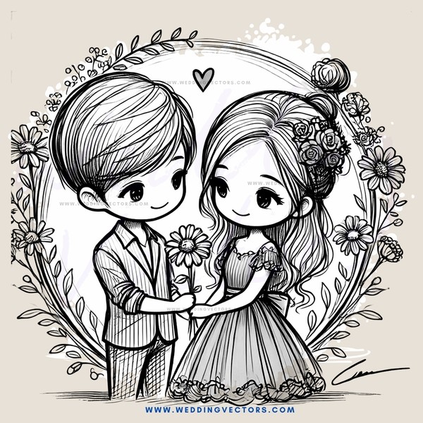 boy and girl standing together in picture frame with flowers on top
