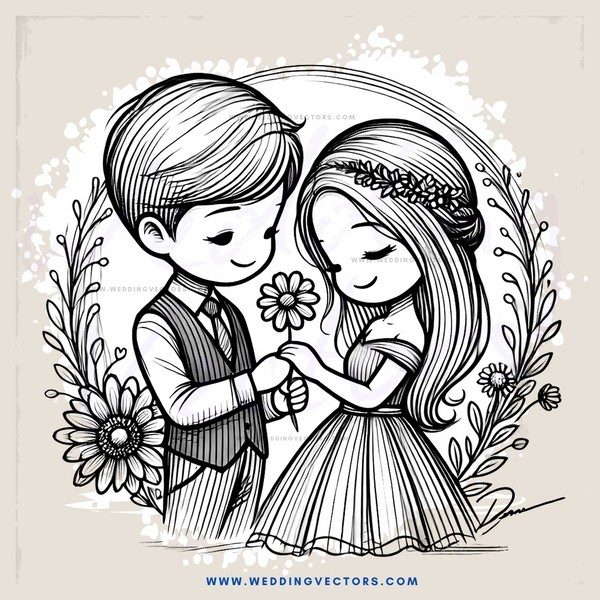 a boy and girl holding flowers together