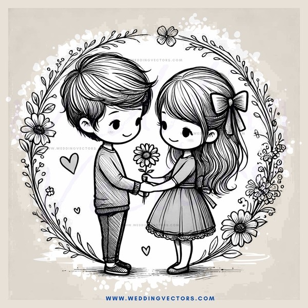 a boy and girl holding flowers