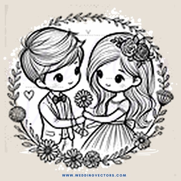 a boy and girl embrace in a circular frame with flowers and leaves