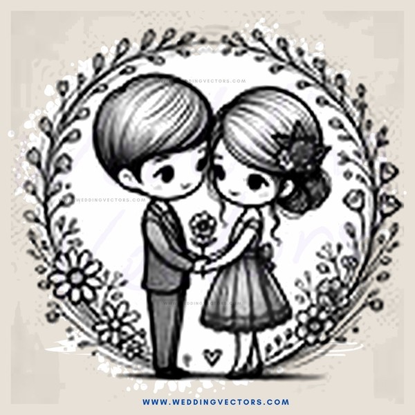 cartoon couple kissing in circle bouquet flower decoration