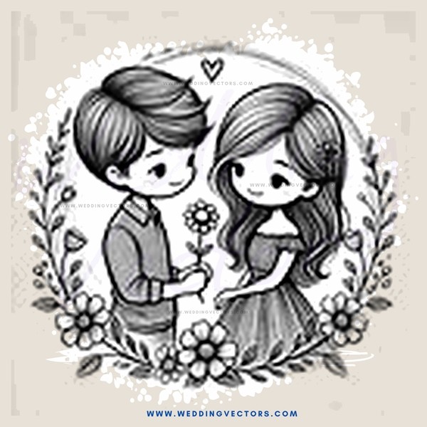 a boy and girl holding flowers with hearts around them