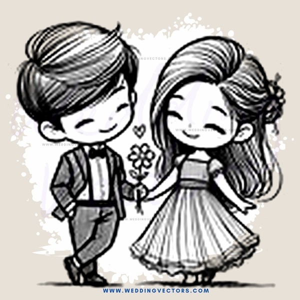 a boy and girl holding hands and smiling with flowers