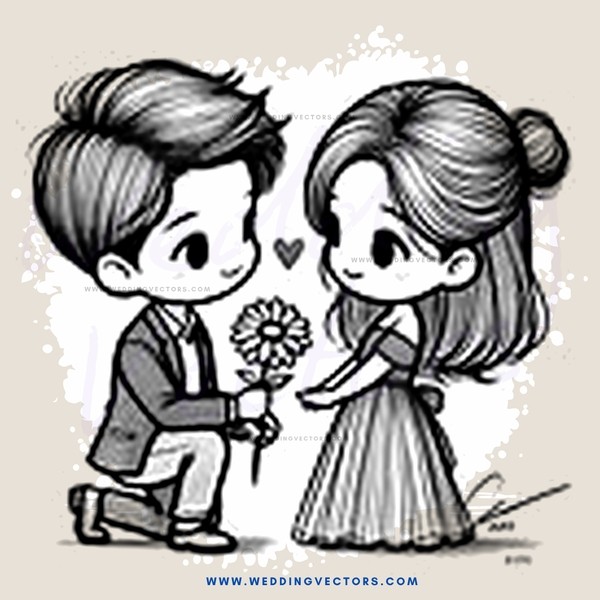 boy and girl standing together with flower between them