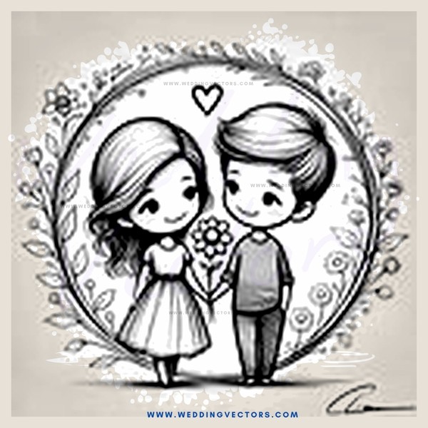 a boy and girl standing inside an oval shape with flowers