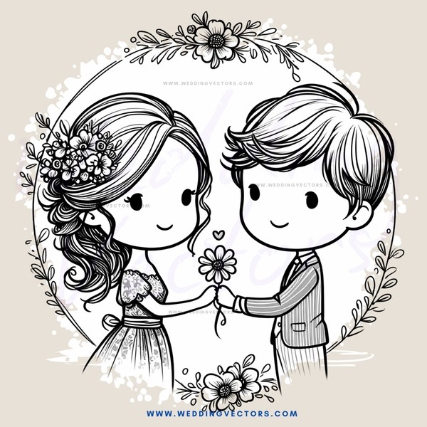a boy and girl holding hands with flowers