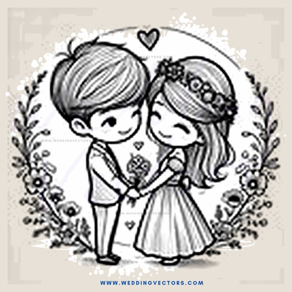 a boy and girl holding hands with flowers between them