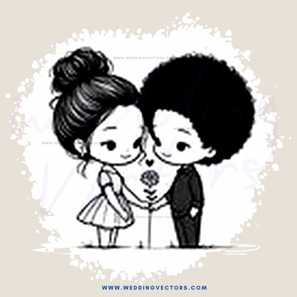 a black and white cartoon of two people holding flower petals