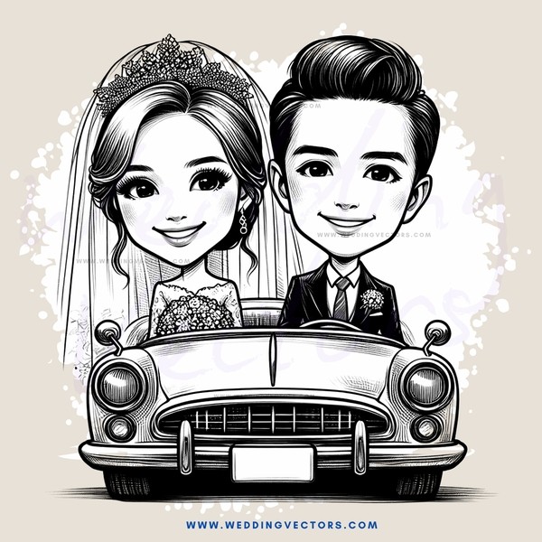 groom and bride in car
