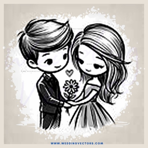 a boy and girl standing with hearts for their heads