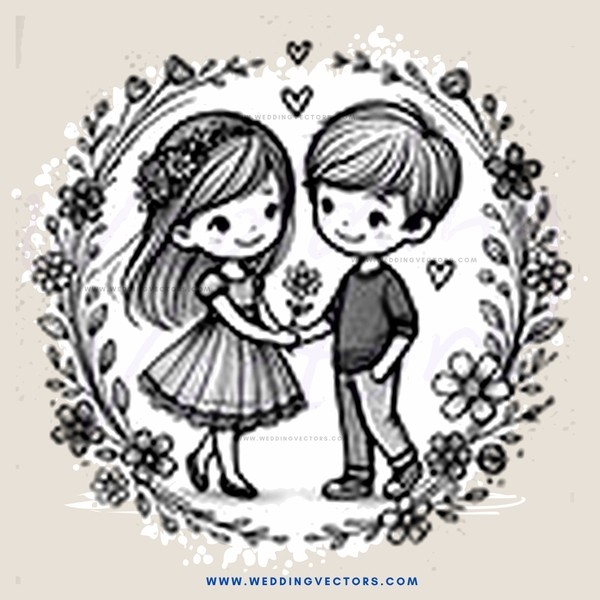 two children in an illustration surrounded by flowers and hearts